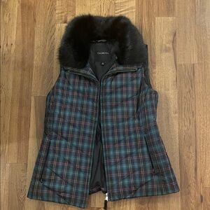 Talbots Women's Multicolor Plaid Vest with Black Faux Fur Collar